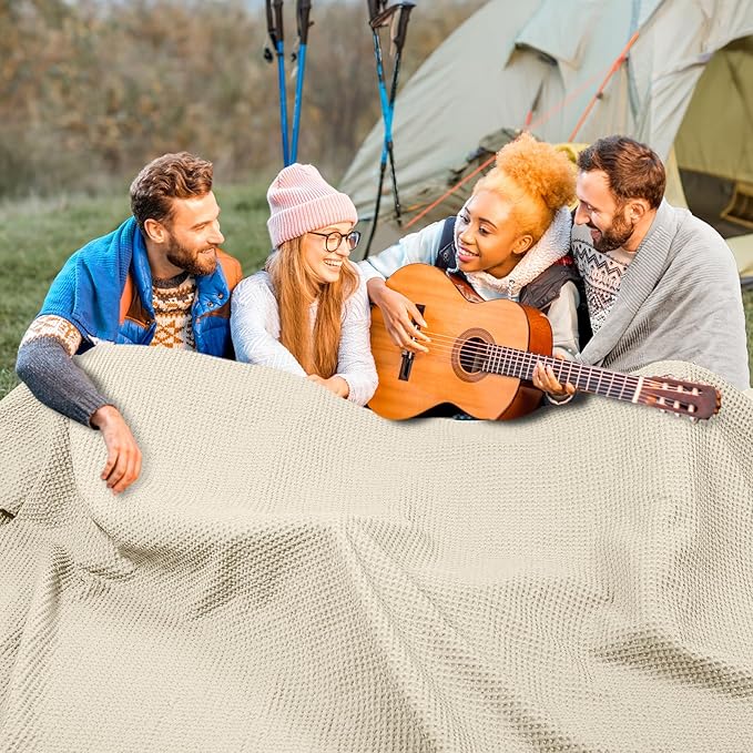 PHF 100% Cotton Waffle Weave Family Blanket,Oversized King Size 120"x 120"-Pre-Washed Snag Proof Lightweight Breathable Moisture-Wicking, 10'x 10' Huge Extra Large Big,Home Decoration Gift-Linen