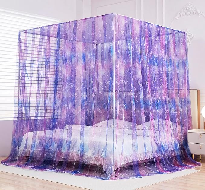 Mengersi Tie Dye Canopy Bed Curtains with Lights,Gradient Ombre Bed Canopy for Girls,Princess Bed Drapes for Girls Room Decor(Queen,Purple)