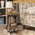 Side Table,Small Round End Table with Lower Shelf for Small Spaces,Round Bedside Nightstand Table with Metal Frame,Couch Sofa Coffee Tea Table,Retro Accent Drink Table for Living Room Bedroom Balcony