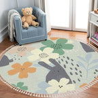Round Rugs Floral Cute White Bunnies Hand Drawn Boho Area Rug Linen and Cotton Carpet Meditation Rug Washable Hallway Runner Mat Accent Rug for Bedroom Bathroom 3ft Multicolor