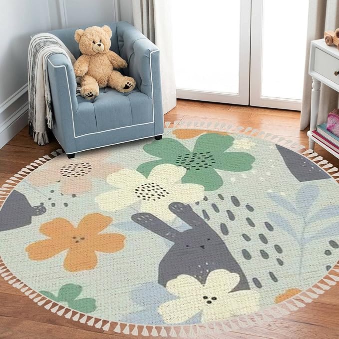 Round Rugs Floral Cute White Bunnies Hand Drawn Boho Area Rug Linen and Cotton Carpet Meditation Rug Washable Hallway Runner Mat Accent Rug for Bedroom Bathroom 3ft Multicolor