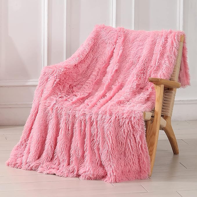 Tuddrom Decorative Extra Soft Faux Fur Blanket Twin Size 70" x 78",Solid Reversible Fuzzy Fluffy Cozy Plush Fleece Comfy Microfiber Fur Blanket for Couch Sofa Bed,Pink