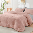 HYMOKEGE Rose Gold/Light Grey Queen Comforter Set Seersucker 7 Pieces, All Season Luxury Bed in a Bag Queen for Bedroom, Bedding Set with Comforter, Sheets, Pillowcases & Shams