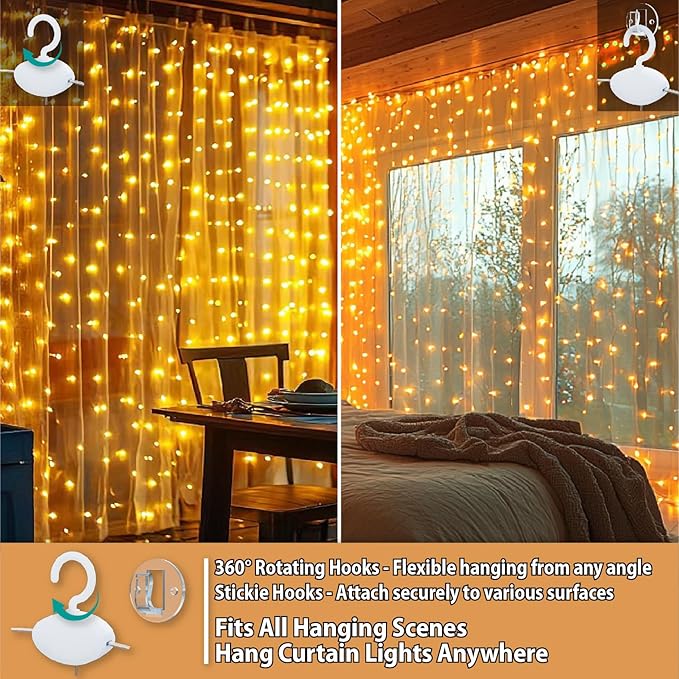 HXWEIYE 300LED Fairy Curtain Lights, 9.8x9.8Ft USB Plug-in 8 Modes Christmas String Hanging Lights with Remote for Bedroom Backdrop Wedding Party Indoor Wall Decor, Warm White, Standard