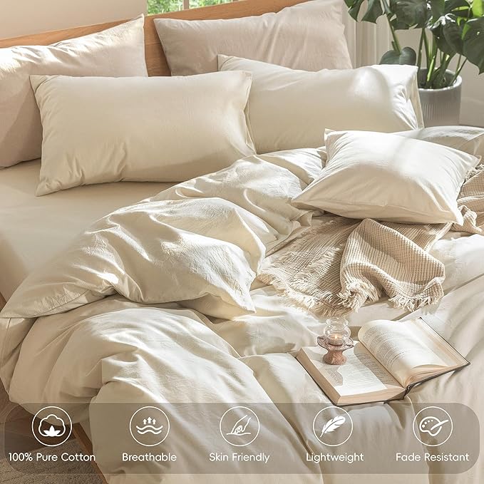 MooMee Bedding Duvet Cover Set 100% Washed Cotton Linen Like Textured Breathable Durable Soft Comfy (Heathered Almond Milk Grey, Full 80"x90")