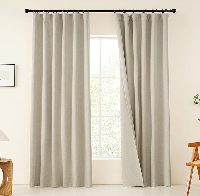 KangBang Linen Blackout Curtains 84 Inches Long, Rod Pocket Back Tab Curtains for Bedroom Living Room, Rustic Burlap Window Drapes with Clip Rings Made 52 Inch Wide by 84 Inch Length 2 Panels
