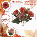 Geosar 16 Bundles Artificial Peonies Flowers Fake Silk Peony Bouquet Faux Peonies Flowers Bulk for Decoration Vase Floral Arrangements Wedding Party Table (Orange,Brown)