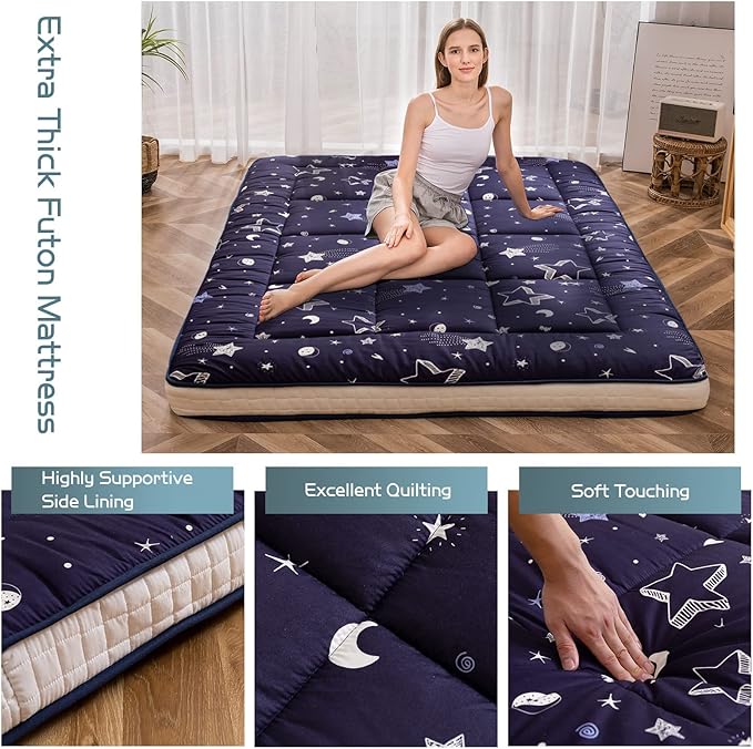 MAXYOYO Futon Mattress, Navy Star Japanese Floor Mattress Portable Quilted Bed Mattress, Extra Thick Folding Sleeping Pad Breathable Floor Lounger Guest Bed for Camping Couch, Full