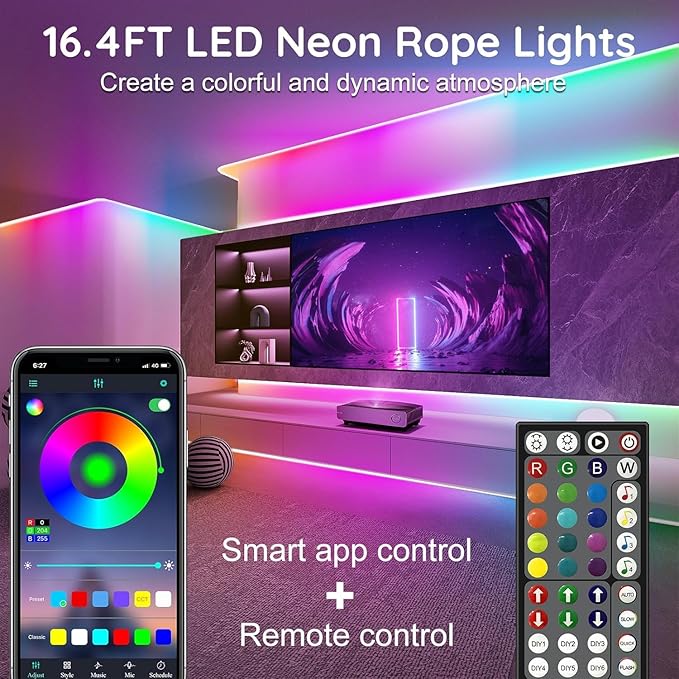 100FTNeon Rope Lights,Flexible Led Rope Lights Control with App/Remote,Multiple Modes Rope Lights,IP65 Outdoor RGB Led Neons Light Waterproof