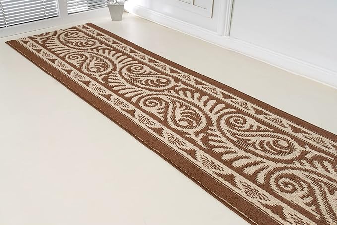 Custom Length Cut to Size Tribal Ethnic Southwestern Inspired Hallway Runner Rug, Non Slip Rubber Backed, 31 inch Wide X Customized Length, Mayan Brown, 31 inch X 12 feet
