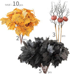 10pcs Fake Plants Outdoor, Halloween Maple Pumpkin Branch, Autumn Artificial Pumpkins Stem with Black & Orange Maple Leaves, Faux Maple Leaves Spray for Halloween Thanksgiving Home Deocr