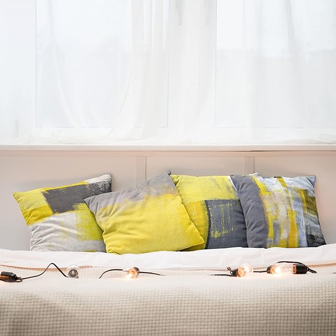 Ambesonne Modern Throw Pillow Cushion Case Pack of 4, Abstract Grunge Themed Geometric Squares with Paintbrush Stroke Effect Ornament, Modern Accent Double-Sided Digital Printing, 24", Yellow Grey