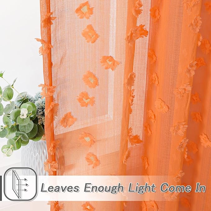 MYSKY HOME Pom Pom Orange Sheer Curtains for Bedroom Girls Room Curtains 72 Inches Long for Nursery Kids Light Filtering Boho Window Drapes, Rod Pocket, 38" Wide, 2 Panels