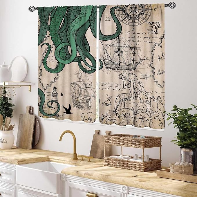 Nautical Octopus Curtains, Coastal Old Pirate Map Sailboat Compass Vintage Magic Ocean Kraken Octopus Tentacles Window Drapery Treatment for Bedroom Living Room Kitchen Bathroom 2 Panels, 55x39 Inch