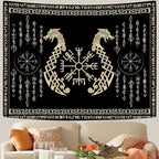 OSUNBD Nordic Vikings Tapestry, Large 10090 inches Soft Flannel, Vegvsir Symbol Twins Dragons Celtic Rune Scandinavian Aesthetic Mythology Tapestry Wall Hanging for Bedroom Living Room Decor