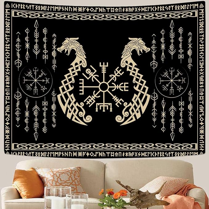 OSUNBD Nordic Vikings Tapestry, Small 4030 inches Soft Flannel, Vegvsir Symbol Twins Dragons Celtic Rune Scandinavian Aesthetic Mythology Tapestry Wall Hanging for Bedroom Living Room Decor