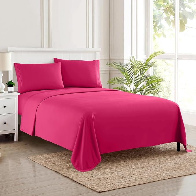 Sweet Home Collection King Size Sheet Set with Built-in Sheet Straps - Deep Pocket Fitted Sheet, Flat Sheet & Pillowcases - Soft, Wrinkle-Free, Secure Fit - Fuschia