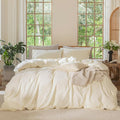 MooMee Bedding Duvet Cover Set 100% Washed Cotton Linen Like Textured Breathable Durable Soft Comfy (Solid Cream White, Queen 90"x90")