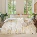 MooMee Bedding Duvet Cover Set 100% Washed Cotton Linen Like Textured Breathable Durable Soft Comfy (Solid Cream White, Oversized King Plus 128"x120")