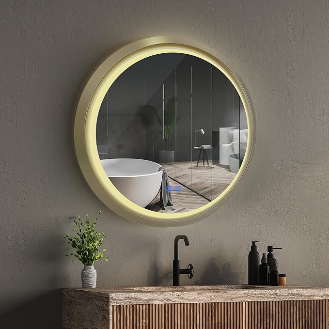 Circle LED Mirror for Bathroom, Anti-Fog & Dimmable Touch Switch, 32 inches, Gold