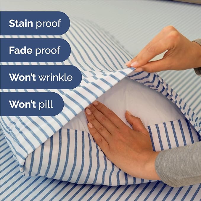 Split King 7 Piece Sheet Set - Comfy Breathable & Cooling - Soft Hotel Luxury Bedding Set w/ 8-16 Inch Deep Pockets - 1 Flat & 2 Fitted Sheet & 4 Pillowcases - Cozy and Wrinkle Free - Blue Stripes 2