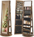 SONGMICS 360° Swivel Jewelry Cabinet, Lockable Jewelry Organizer with Full-Length Mirror, Rear Storage Shelves, Interior Mirror, Jewelry Armoire, Christmas Gifts for Women, Rustic Brown UJJC006X01