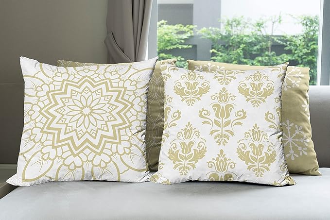 Ambesonne Retro Throw Pillow Cushion Case Pack of 4, Trellis Grid Medieval Floral Damask Mandala Flower Ornament in Modern Monochrome, Modern Accent Double-Sided Digital Printing, 18", Pale Khaki