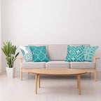 Ambesonne Vintage Throw Pillow Cushion Case Pack of 4, Monochrome Design Grid Trellis Quatrefoil Mesh and Dahlia Flowers Modern Print, Modern Accent Double-Sided Digital Printing, 20", Teal and White