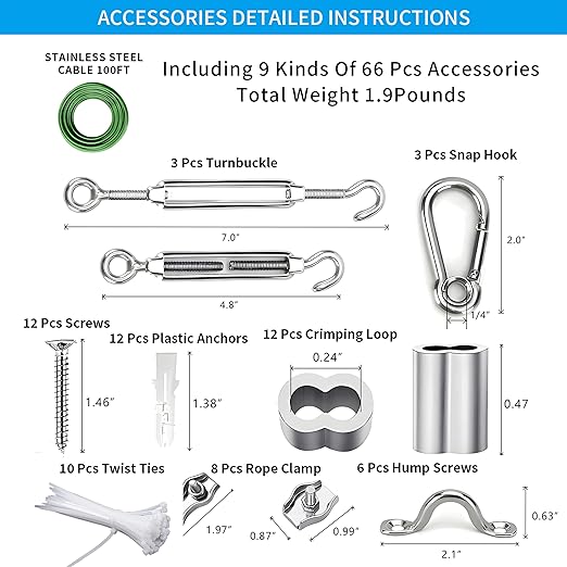 Globe String Light Suspension Kit, Outdoor Light Guide Wire, Vinyl Coated Stainless Steel Steel Cable，Include 100ft Transparent PVC and 304 Stainless Steel Wire Cable, Turnbuckle and Hooks