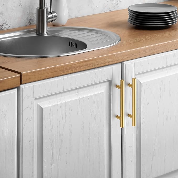 JOY DECOR 15 Pack Cabinet Handles, Gold Cabinet Pulls, 4 in Hole Center Kitchen Cabinet Handles, Stainless Steel T Bar Handles for Dresser Drawers