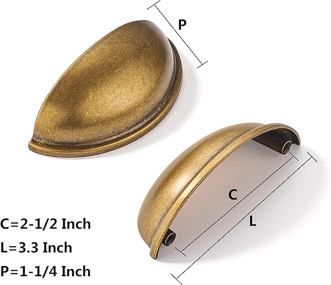 khtumeware 10 Pack 2-1/2" Antique Brass Drawer Pulls Cabinet Cup Pulls Vintage Kitchen Hardware Cabinet Handles Drawer Handles Knobs 2.5 inch Hole Center