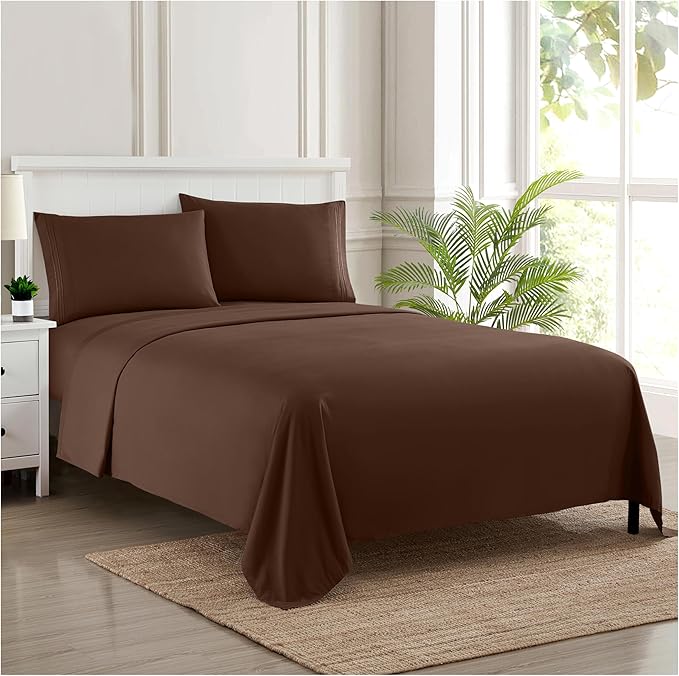 RV Queen Bed Sheets - Breathable Luxury Sheets with Full Elastic & Secure Corner Straps Built In - 1800 Supreme Collection Extra Soft Deep Pocket Bedding Set, Sheet Set, RV Short Queen, Brown