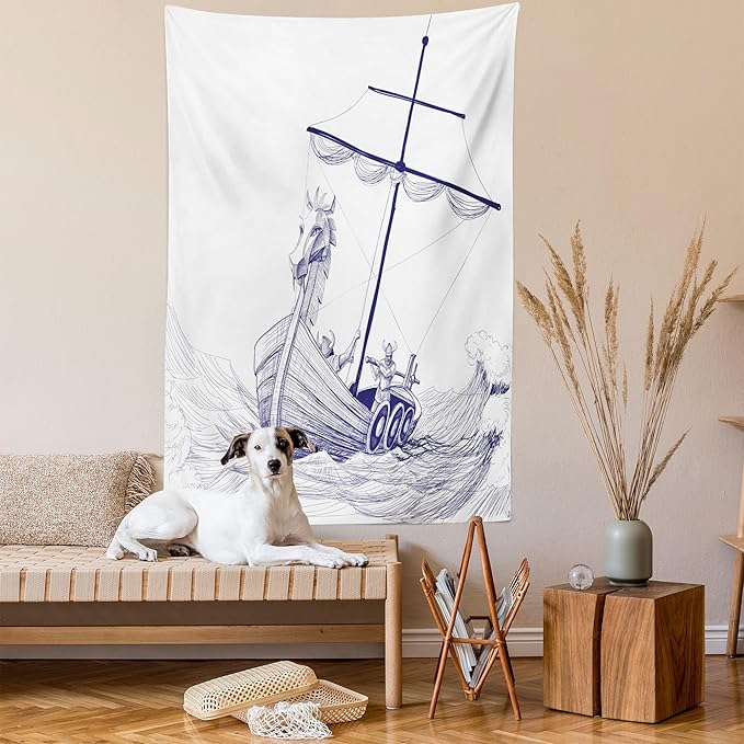 Lunarable Viking Tapestry, Drakkar Long Boat with Dragon on Bow of Ship Monochrome Marine Pattern, Fabric Wall Hanging Decor for Bedroom Living Room Dorm, 23" X 28", White Purple