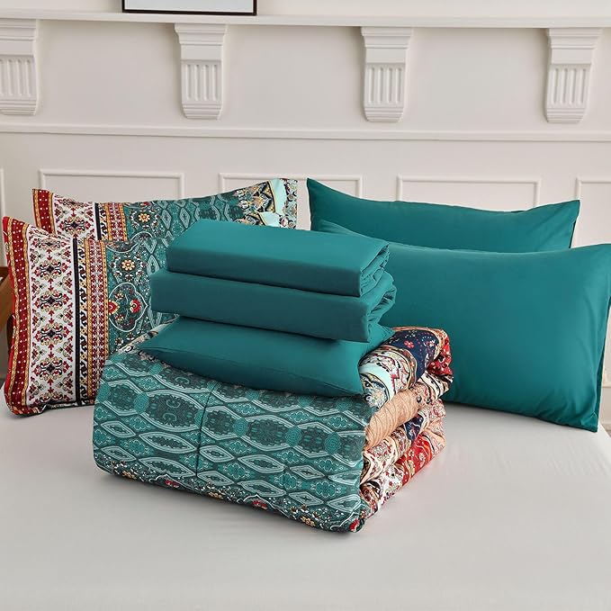 Boho King Size Comforter Set 8 Pieces,Green and Brown Bohemian Striped Bed in a Bag,Floral Soft Microfiber Bedding Comforter Set