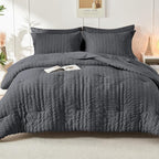 HYMOKEGE California King Comforter Set Seersucker 7 Pieces, All Season Luxury Bed in a Bag for Bedroom, Bedding Set with Comforters, Sheets, Pillowcases & Shams, Dark Grey
