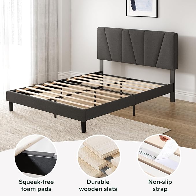 ZINUS King Maya Upholstered Bed Frame with Asymmetric Headboard, Durable Wooden Slats, Sturdy Framework, Noise Free Sleep, No Box Spring Needed, Easy Assembly, Eco Friendly Packaging, Dark Grey