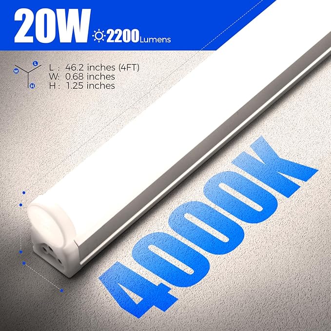 Barrina 6 Pack LED T5 Single Fixture, 4FT, 2200lm, 4000K Daylight Glow, 20W, Utility Shop Light, Ceiling and Under Cabinet Light, ETL Listed, Corded Electric with ON/Off Switch