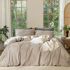 MooMee Bedding Duvet Cover Set 100% Washed Cotton Linen Like Textured Breathable Durable Soft Comfy (Heathered Taupe, King 104"x90")