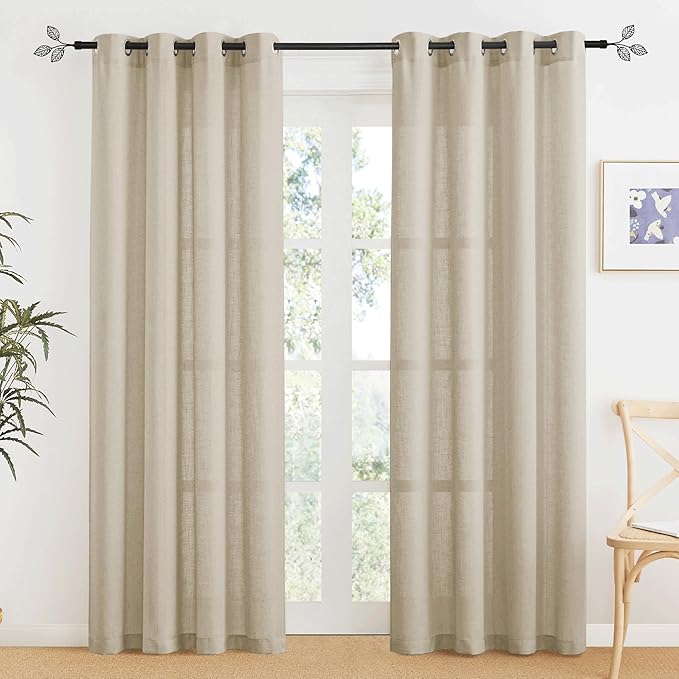 RYB HOME Linen Sheer Curtains, Soft Linen Textured Farmhouse Curtains for Living Room Windows, Extra Long Curtain Panels for Bedroom Dining Area, W 52 x L 95, Set of 2, Beige