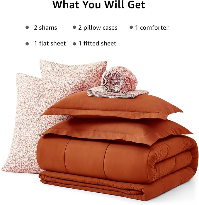 Monbix Queen Comforter Set - 7 Pieces Burnt Orange Bed in a Bag Queen Track Stitching Bedding Sets, All Seasons Down Alternative Comforter Bed Set with Sheets,Pillowcases & Shams