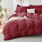 HYMOKEGE Burgundy Full Size Comforter Sets Seersucker 7 Pieces, All Season Luxury Bed in a Bag for Bedroom, Bedding Set with Comforters, Sheets, Pillowcases & Shams