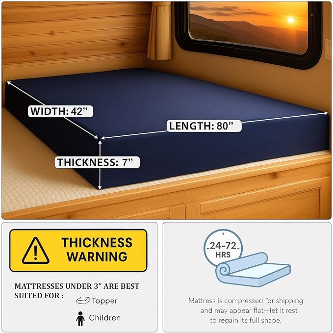 Foamma 7" x 42" x 80" Water Resistant Gel Memory Foam RV Bunk Mattress, Firm High Density Foam Base, Comfortable and Durable Polyester Cover, Truck, Camper, Travel Trailer, Made in USA!
