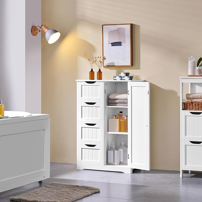 Yaheetech Wooden Floor Cabinet, Side Storage Organizer with 4 Drawers and 1 Cupboard, Freestanding Entryway Storage Unit Console Table, Bathroom Furniture Home Decor, White