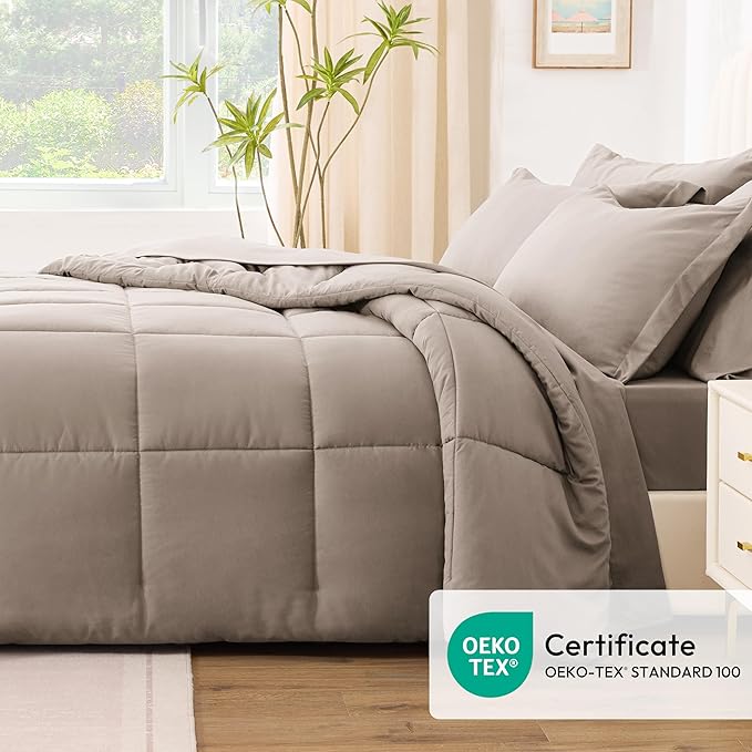 Love's cabin California King Comforter Set Light Brown, 7 Pieces California King Bed in a Bag, All Season Bedding Sets with 1 Comforter, 1 Flat Sheet, 1 Fitted Sheet, 2 Pillowcase and 2 Pillow Sham