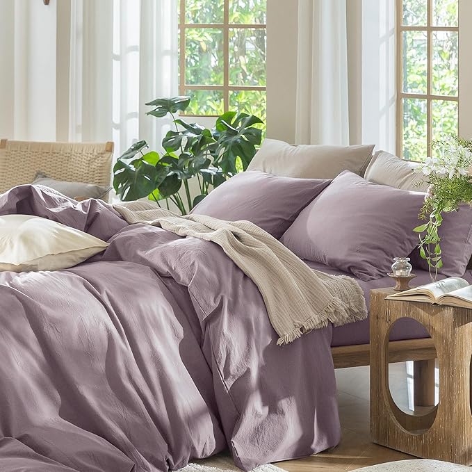 MooMee Bedding Duvet Cover Set 100% Washed Cotton Linen Like Textured Breathable Durable Soft Comfy (Solid Taro Purple, Alaska King 132"x120")