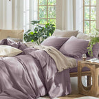 MooMee Bedding Duvet Cover Set 100% Washed Cotton Linen Like Textured Breathable Durable Soft Comfy (Solid Taro Purple, Twin 68"x90")