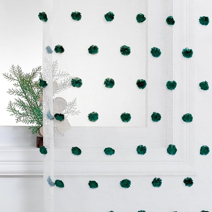 MYSKY HOME Short Christmas Curtains for Small Window - 45 Inch Long Kitchen & Bedroom Sheer Curtains - Hunter Green & White Pom Pom Panels - 2 Sets 52 x 45 Inch