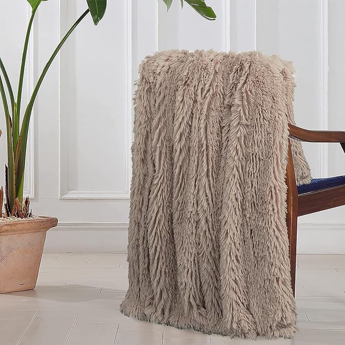 Tuddrom Decorative Extra Soft Faux Fur Throw Blanket 70"x78",Solid Reversible Fuzzy Lightweight Long Hair Shaggy Blanket,Fluffy Cozy Plush Fleece Comfy Microfiber Blanket for Couch Sofa Bed,Khaki
