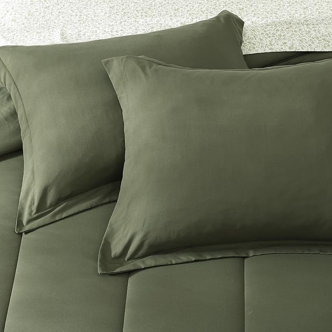 Monbix King Size Comforter Set - 7 Pieces Bed in a Bag King, Olive Green Track Stitching Bedding Sets, All Seasons Down Alternative Comforter Bed Set with Sheets, Pillowcases & Shams