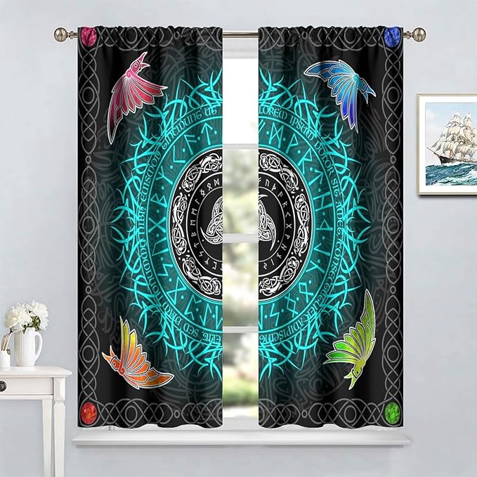 Viking Curtains Ancient Nordic Magic Rune Curtains Nordic Mythology Viking Bird Pattern Printed Curtains Bedroom Living Room Decoration Blackout Curtains W84 * L84 Inch